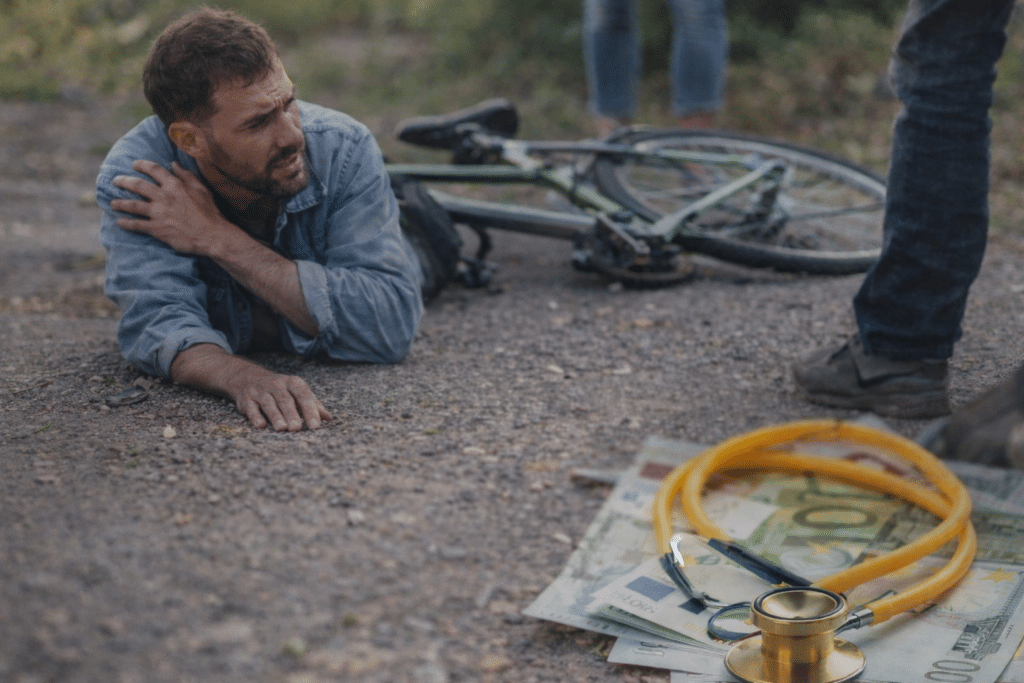 Verletzter Radfahrer liegt am Boden neben Fahrrad; im Vordergrund Geldscheine und Stethoskop.
