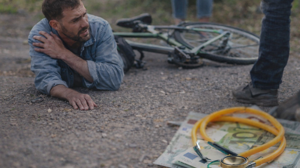 Verletzter Radfahrer liegt am Boden neben Fahrrad; im Vordergrund Geldscheine und Stethoskop.