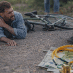 Verletzter Radfahrer liegt am Boden neben Fahrrad; im Vordergrund Geldscheine und Stethoskop.